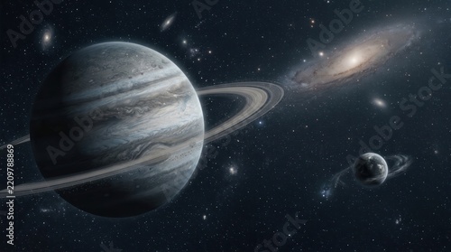 Ringed planet in outer space with nebula and stars