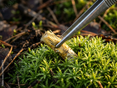Tongs removing cigarette butt from mossy ground in outdoor setting with copy space