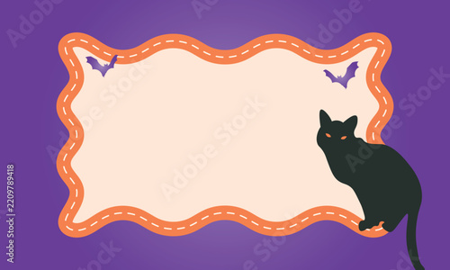 Halloween Invitation Template with Cute Black Cat and Orange Wavy Frame on Purple Background