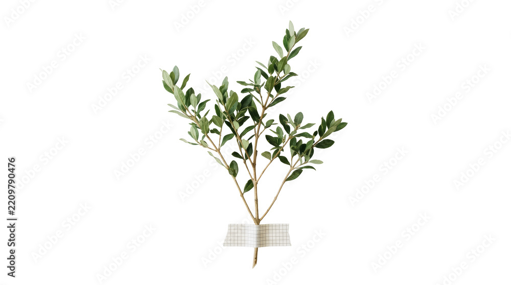 Fototapeta premium Olive tree branches green leaves secured with grid tape on png background