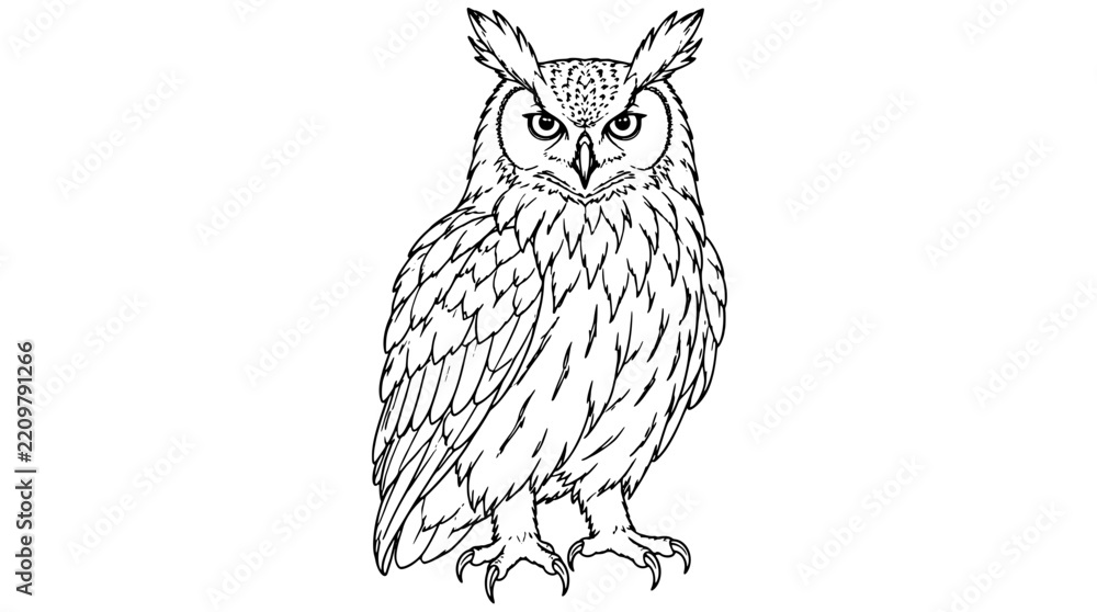 Obraz premium Line art illustration of a front-facing great horned owl with erect ear tufts, layered feather detail and sharp talons, drawn with thin precise lines in upright centered composition showing majesty