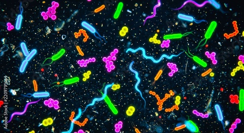Colorful fluorescent bacteria microbes and germs on black background.