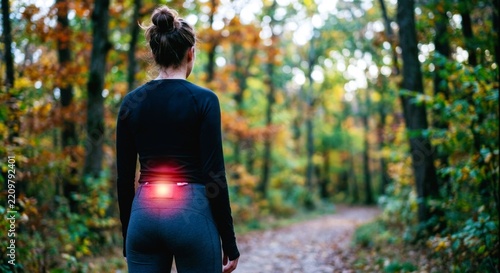 Woman with lower back pain walking in autumn forest.