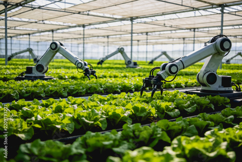 Automated robotic arms tend to vegetable crops in a modern, controlled greenhouse farm setting.