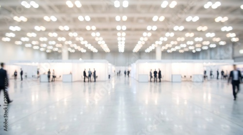 Blurred busy convention center exhibition hall with people walking past white booths and displays at professional trade show during corporate marketing event in spacious modern facility