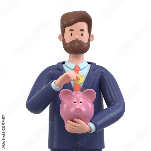 Man placing a coin in a piggy bank