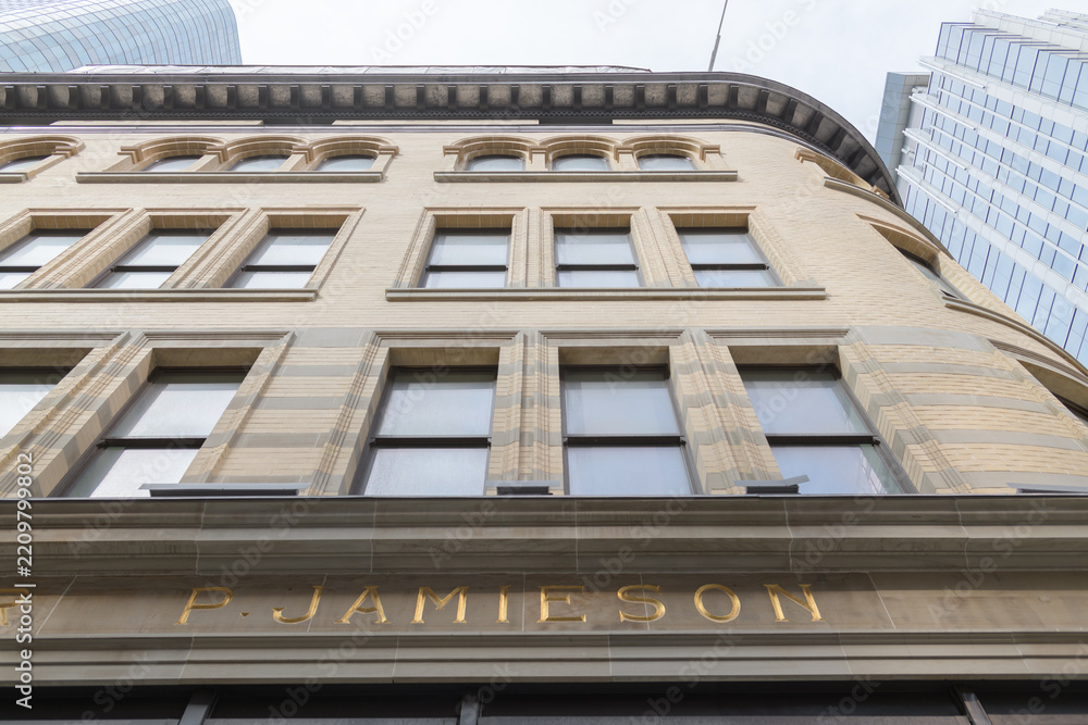 Fototapeta premium exterior of heavily restored Philip Jamieson Building at 2 Queen St W, Toronto (later known as FW Woolworth store)