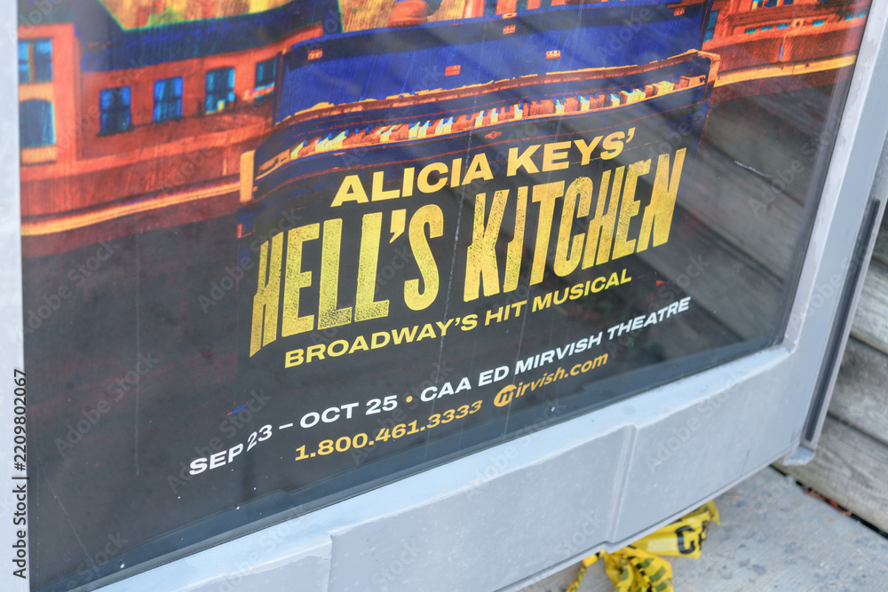 Obraz premium lower section of a transit shelter advertising poster for Alicia Keys’ Hell’s Kitchen at the CAA Ed Mirvish Theatre, Toronto