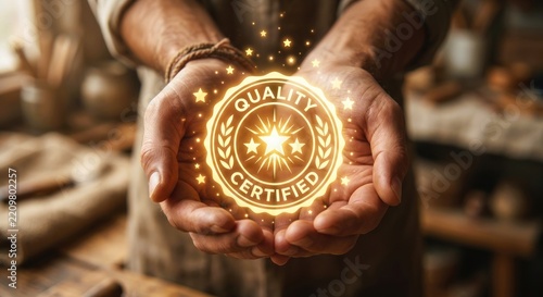 Hands holding glowing quality certified stamp seal icon.