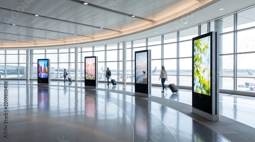 Digital advertising kiosks in modern airport terminal with travelers walking by glass walls and bright natural light streaming inside during daytime for commercial branding mockups