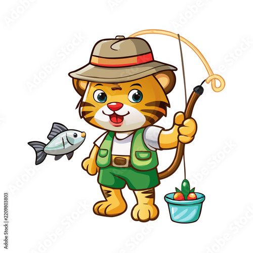 Cute cartoon tiger wearing a safari hat fishing with a bamboo rod