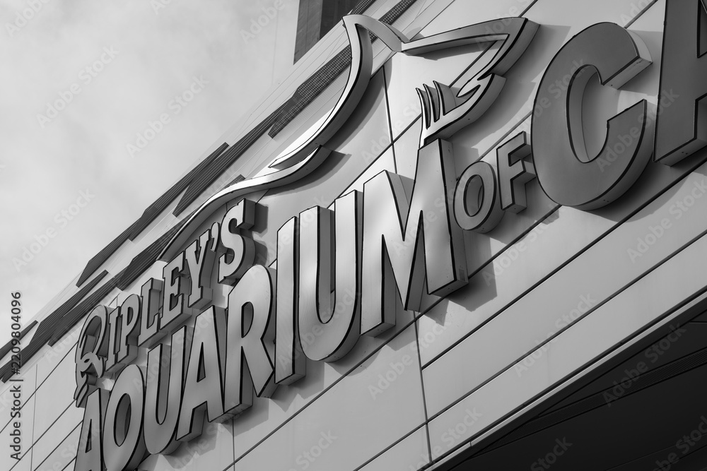 Fototapeta premium macro black and white view of sign outside Ripley's Aquarium of Canada, 288 Bremner Blvd, Toronto