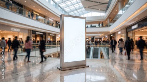 Blank vertical digital advertising billboard standing in the middle of a busy modern shopping mall with blurred shoppers walking in the background and natural lighting