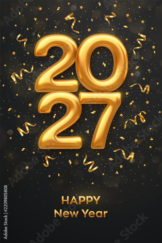 Happy New Year 2027. Golden 3D numbers 2027 on black background with confetti and ribbons. Realistic metallic luxury gold numbers, festive celebration, greeting card, poster. Vector illustration.