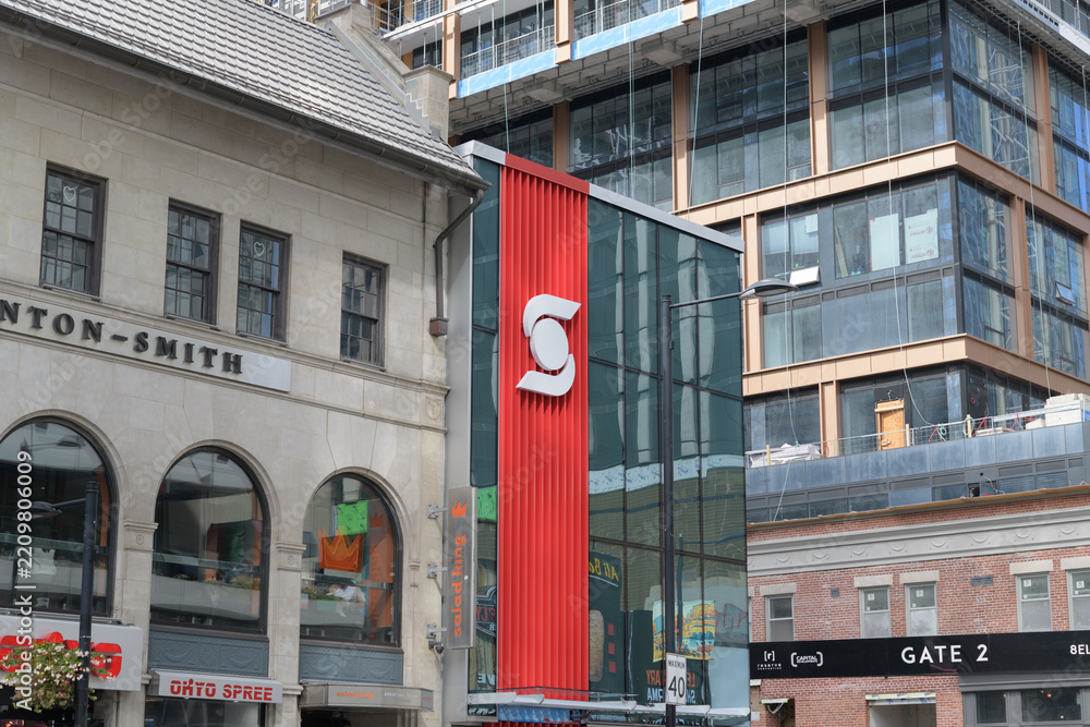 Fototapeta premium Scotiabank corporate logo on the exterior of a branch located at 346 Yonge St, Toronto
