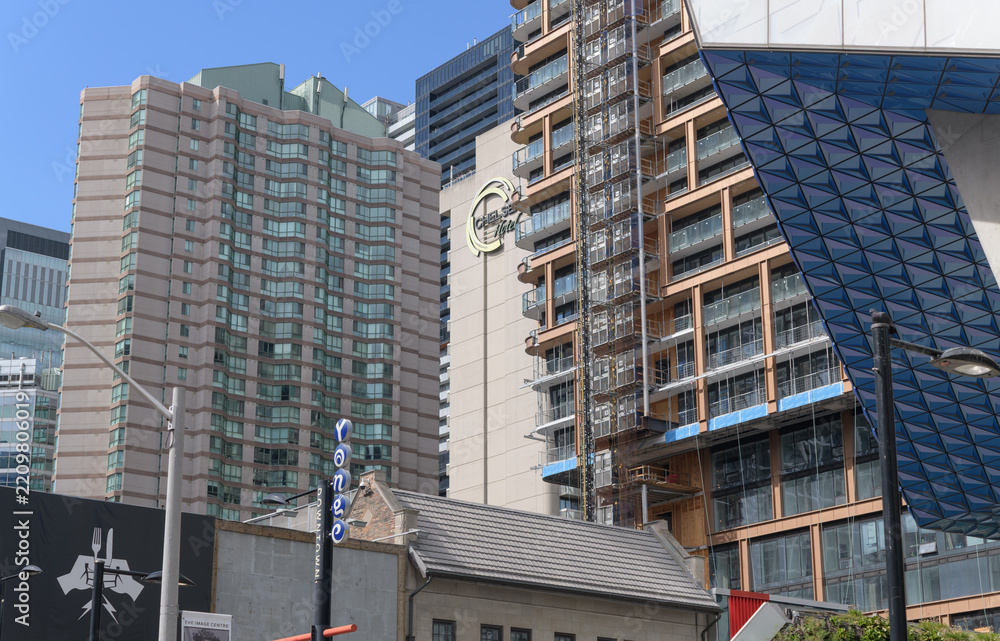 Fototapeta premium abstract architectural patterns in Toronto, incl sign at Chelsea hotel viewed from Yonge St
