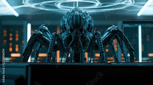 A creepy, mechanical spider-like alien creature with glowing blue circuits surrounding its head, inside a futuristic laboratory setting