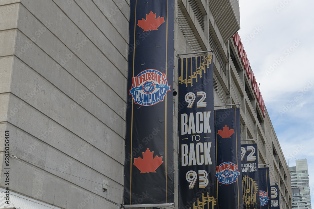Fototapeta premium celebratory banners on the east facing wall of the Rogers Centre, a stadium and home of the Toronto Blue Jays