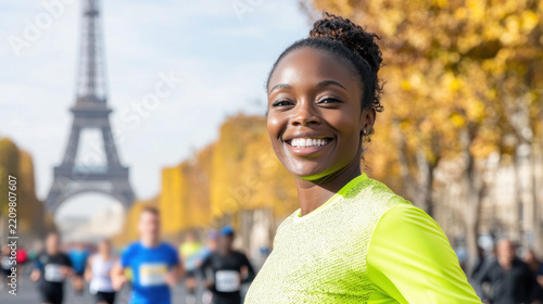 African runner woman exercising in paris marathon with Eiffel Tower in background