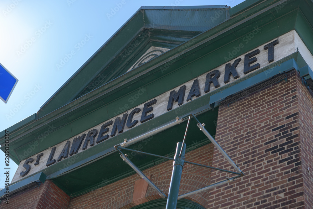 Fototapeta premium close-up of historic sign on the exterior St Lawrence Market, South Building, located at 93 Front St - Lower Jarvis St side, Toronto