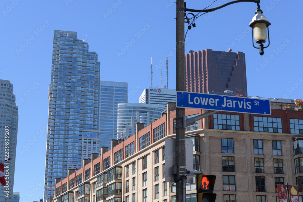 Fototapeta premium looking northwest from Lower Jarvis St and Front St E to residential buildings and buildings in the financial district, Toronto