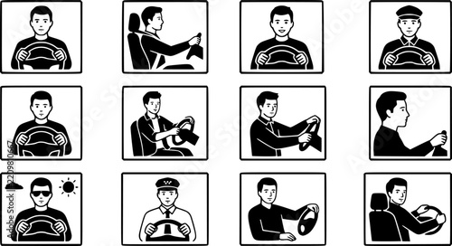Male driver icon set featuring person holding steering wheel in outline and solid glyph styles for automotive transportation and travel
