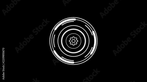 Futuristic white circular loading target interface with concentric rings, segmented progress indicators, central gear symbol, and