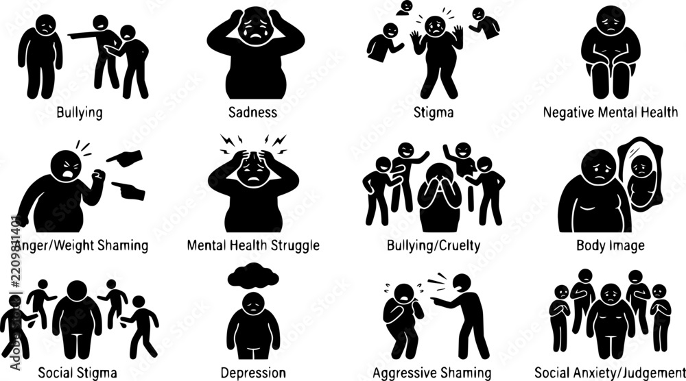 Fototapeta premium overweight person icon set with sad and angry speech bubbles representing body shaming weight stigma bullying and negative mental health 