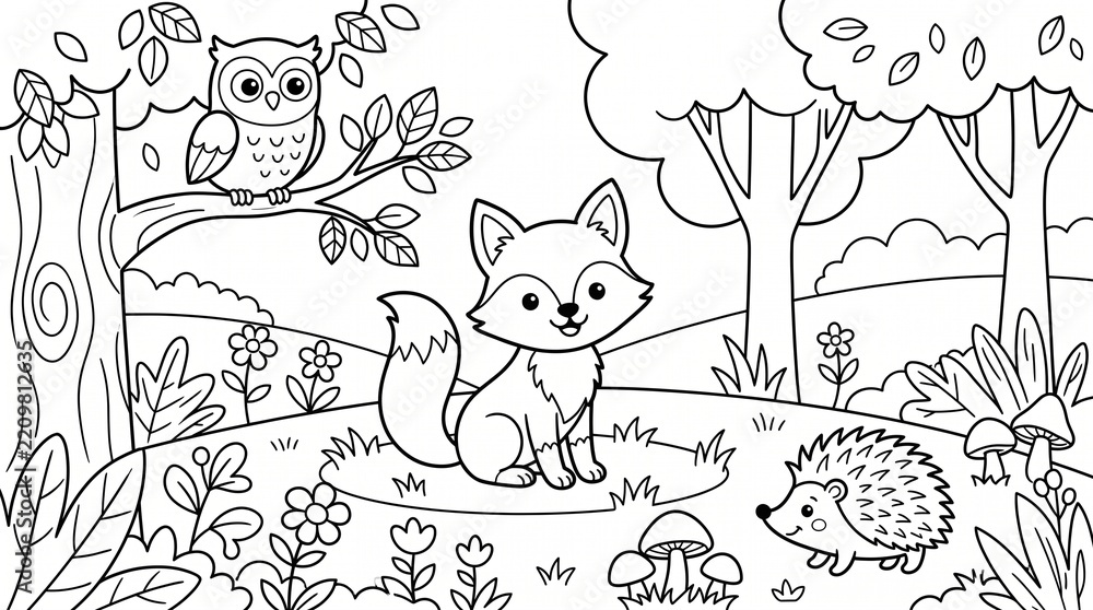 Fototapeta premium Cute woodland forest animals coloring page for kids, black and white vector illustration