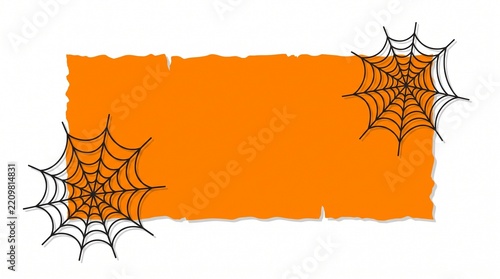 Orange rectangular paper banner with black spider web illustrations on a plain white background with banner with frame