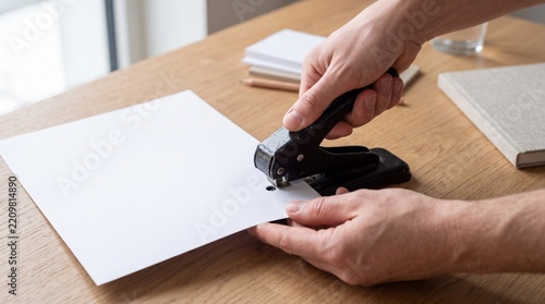 A person using a hole puncher to punch holes in a white piece of paper on a wooden desk.