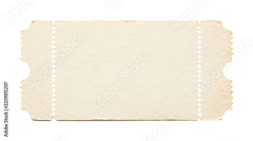 Blank vintage ticket template mockup with perforated edges and aged paper texture on transparent background