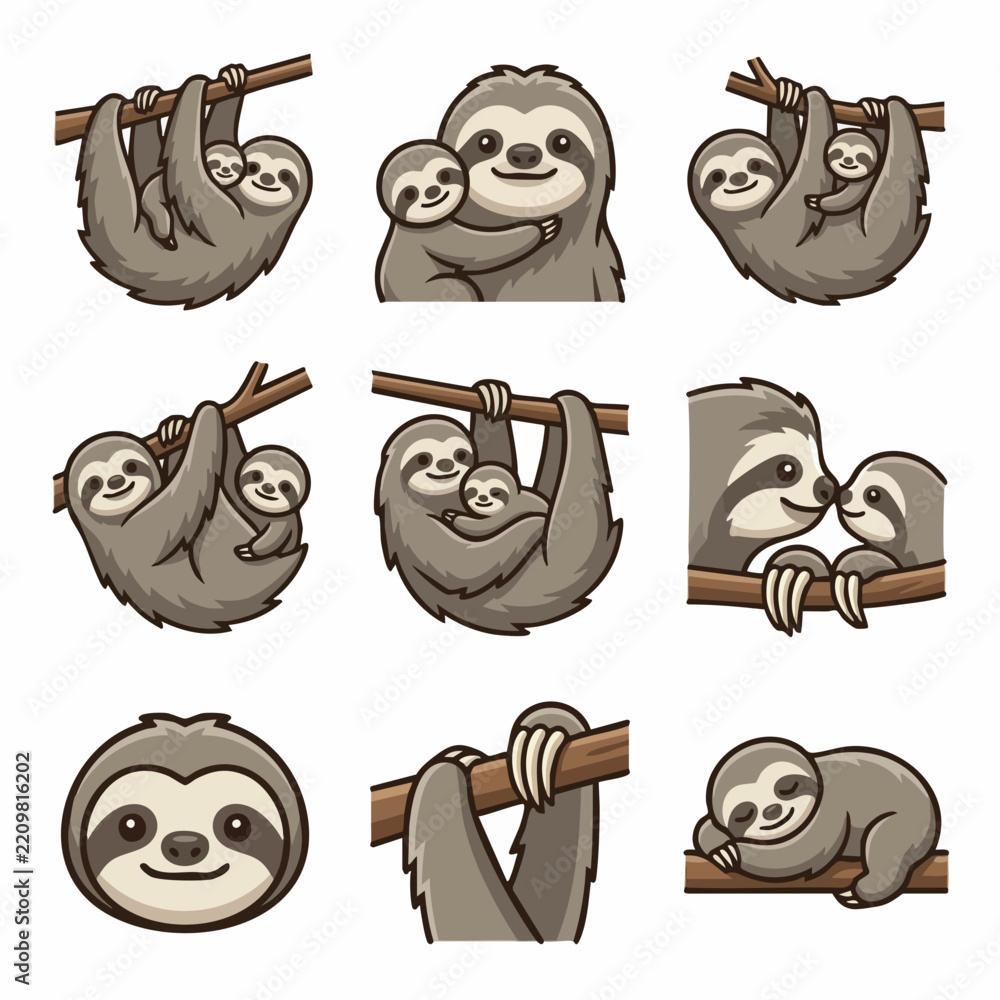 Obraz premium Cute sloth family and baby poses vector illustration