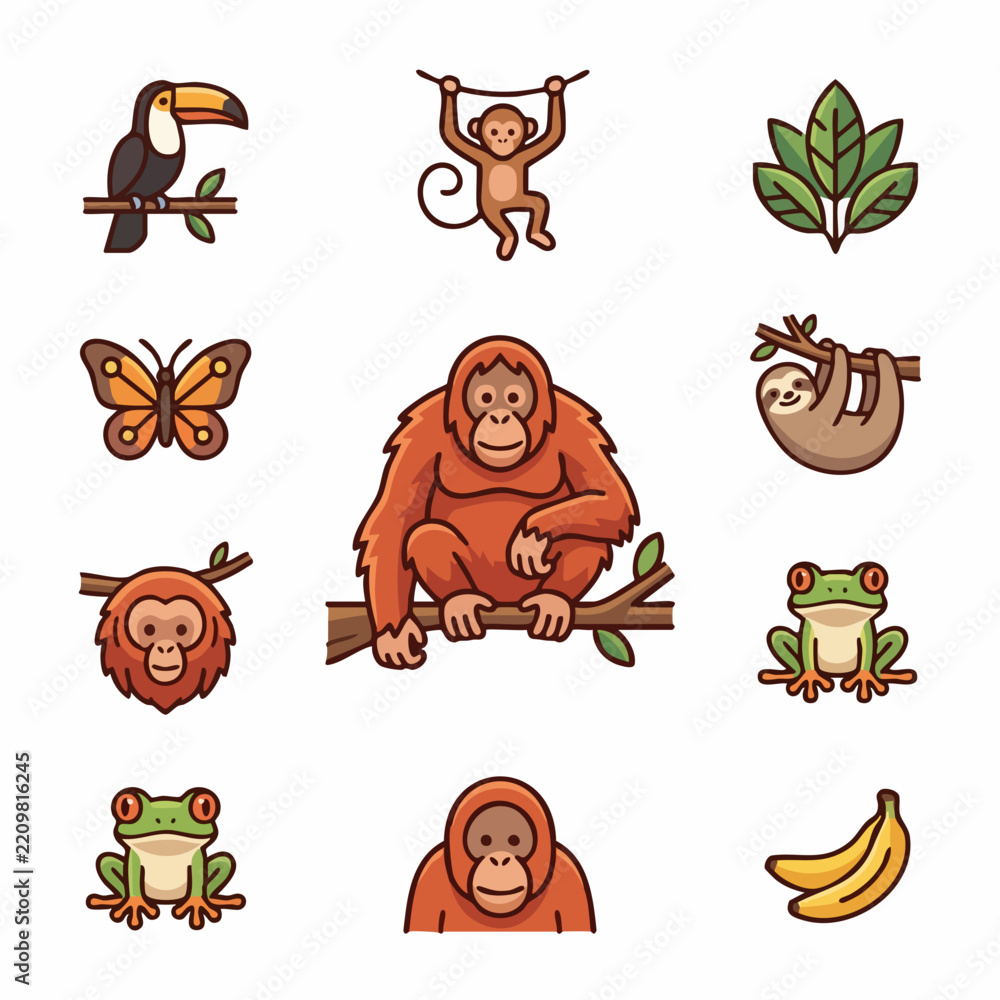 Obraz premium Cute tropical animal and plant icon collection jungle wildlife theme