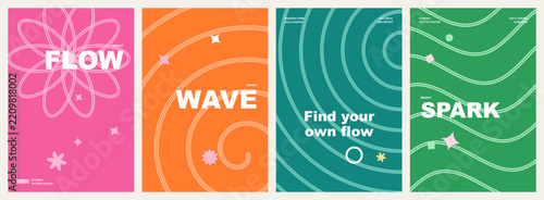 Minimalist graphic posters display flowing wave patterns, floral geometric line art, and inspiring typography set against vibrant pink, orange, teal, and green backgrounds.