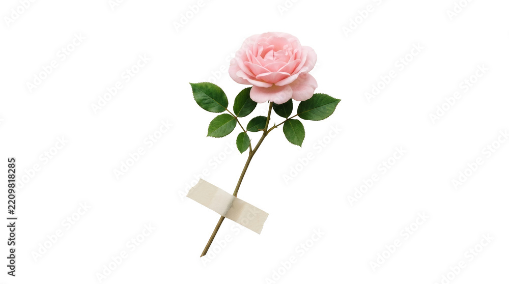 Fototapeta premium Pink rose flower on png background with stem taped diagonally, elegant floral design