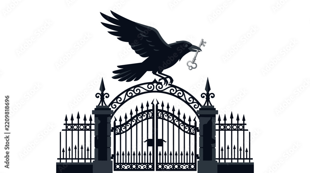 Fototapeta premium Mysterious black raven perched on ornate wrought iron cemetery gates holding a silver skeleton key vector illustration