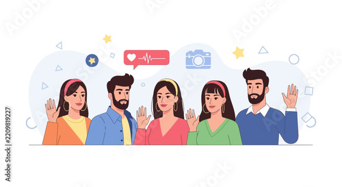 Diverse Group of Friends Waving Hello, Social Media Icons, Vector Illustration