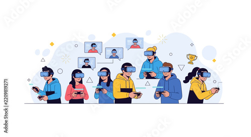 Diverse Group of People Enjoying Virtual Reality Games Together, Featuring Avatars and Achievements