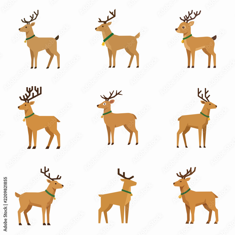 Obraz premium Set of Flat Christmas Reindeer with Green Collars and Bells
