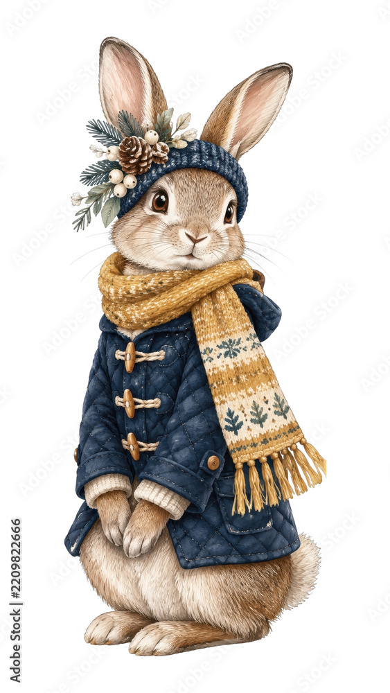 Obraz premium PNG Charming winter bunny wearing knitted hat, scarf and coat