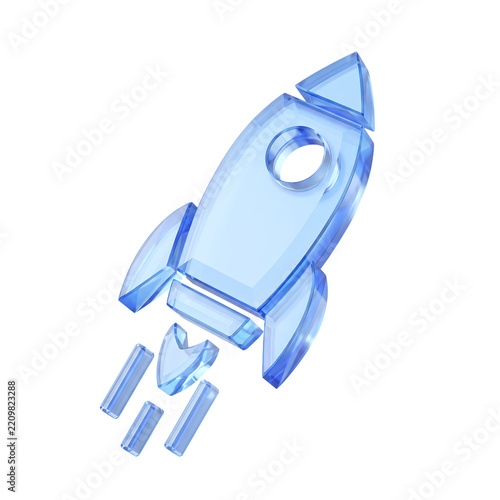 Stylized transparent blue glass rocket ship icon for startup launch and space exploration concepts.
