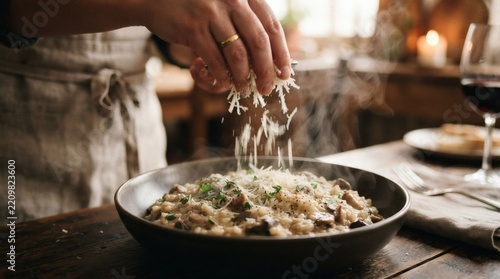 Chef Sprinkling Grated Cheese on Hot Mushroom Risotto