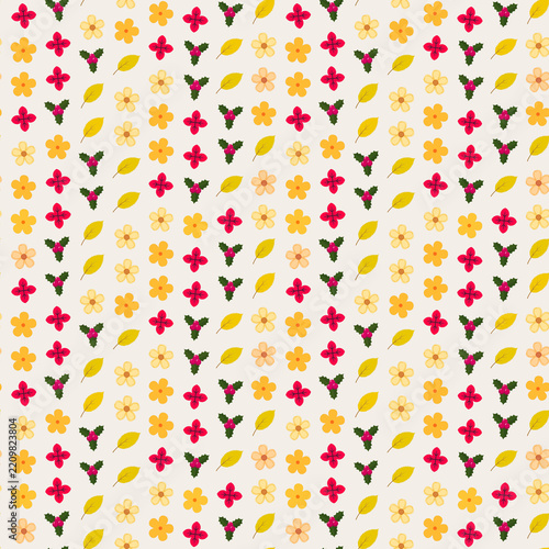 Seamless pattern of stylized flowers, leaves, and holly