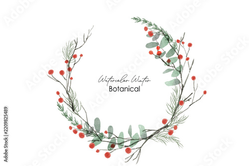 Botanical winter watercolor wreath frame background  floral leaves, branches, twigs etc. Watercolor traced isolated greenery illustration. Spring, summer, autumn leaves.
