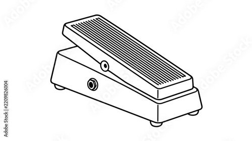 Black outline vector icon of a guitar wah pedal with ribbed inclined treadle rocker, wedge base, side jack socket, pivot bolt and small feet drawn with medium lines in dynamic side angle