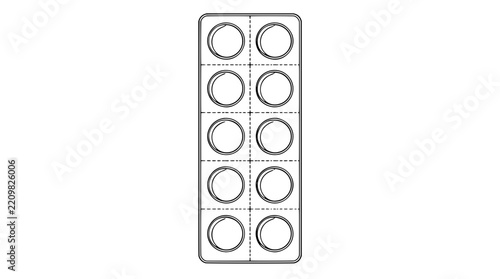 Minimalist outline illustration of a blister pack holding ten round tablets in two columns with dashed perforation lines between cells drawn with thin lines in centered composition conveying order