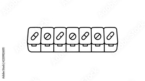 Black outline vector icon of a weekly pill organizer with seven compartments in a row showing alternating capsule and round tablet symbols with front latches drawn with bold lines in centered layout