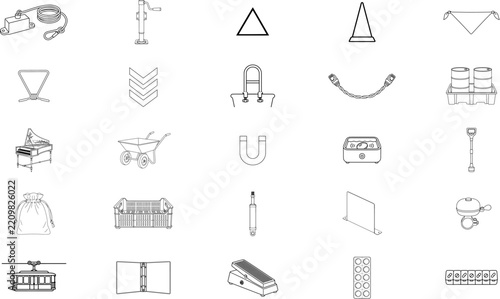 Collection of 25 black outline vector icons featuring wheelbarrow, magnet, cable car, pedal, trailer jack, binder, bandage and varied industrial household everyday mixed assortment set bundle