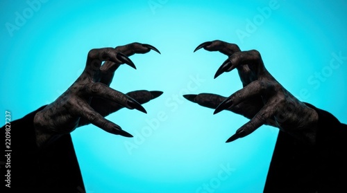 Creepy dark monster hands with long sharp black nails reaching inward, symmetrically positioned against a vibrant bright turquoise blue background, evoking horror, fear, and Halloween themes.